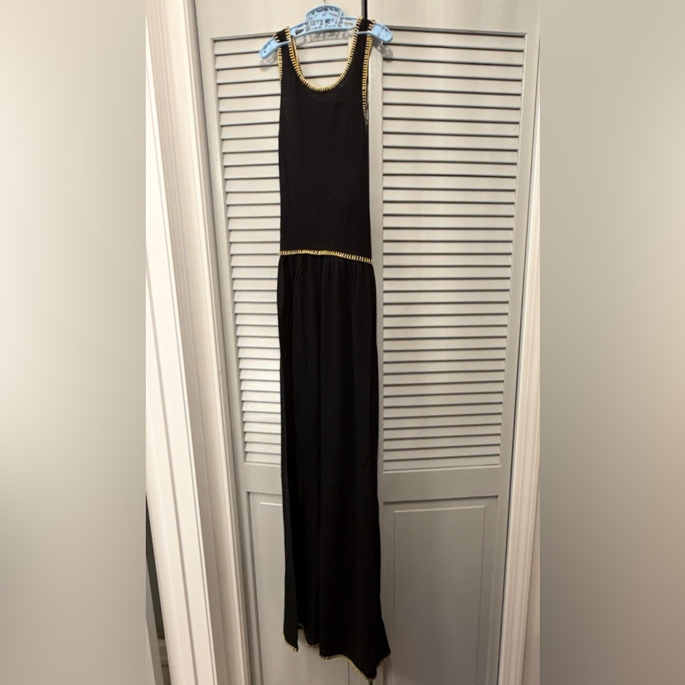 Elegant 1970s Vintage Black Dress with Yellow Yarn Hem Stitching